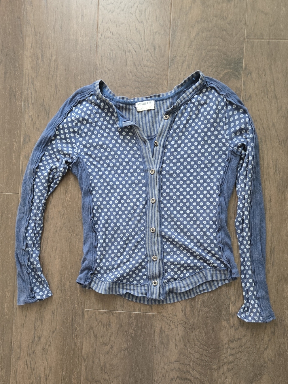 Free People Blue Printed Button-Front Long Sleeve Top